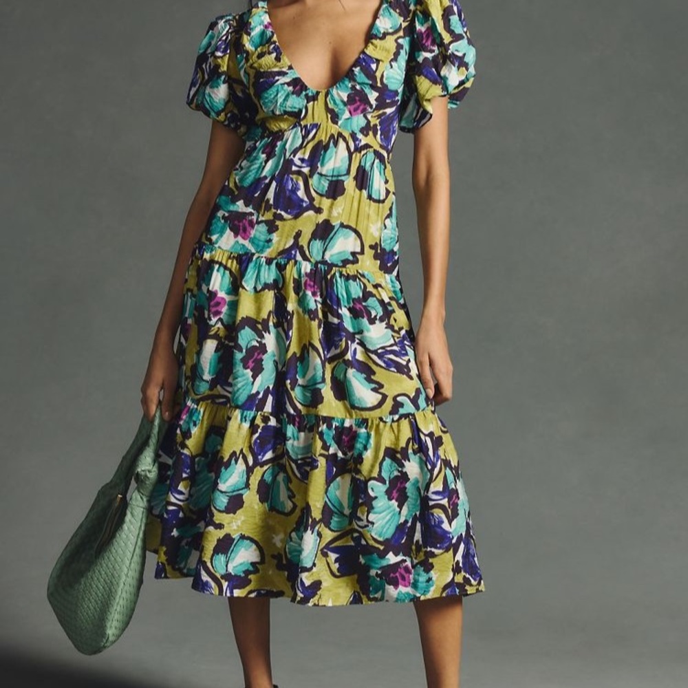 Anthropologie Green and Yellow Ruffled Tiered Maxi Sundress